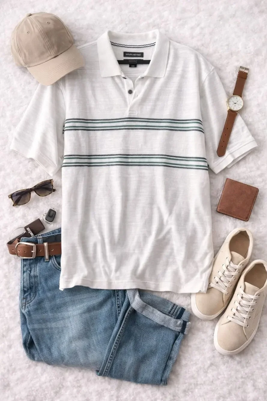 Banana Republic Men’s Striped Pique Polo Shirt White Green Standard Fit Size XXL